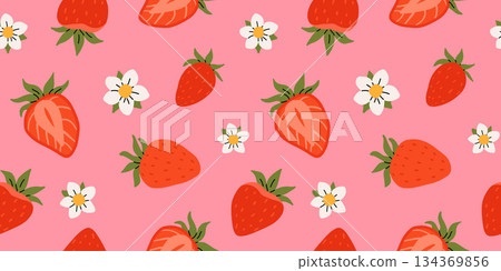 Strawberry flat vector seamless pattern. Summer drinks, sweets and desserts with taste of strawberries. Chocolate strawberry, cookie, sandwich, mochi, cheesecake, tanghulu. 134369856