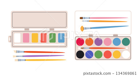 Watercolor paints and brushes. Colored paints for drawing. Colorful school paints and brushes in a box. Vector illustration isolated on a white background Watercolor paints and brushes. Colored paints for drawing. Colorful school paints and brushes in a box. Vector illustration isolated on a white background 134369861