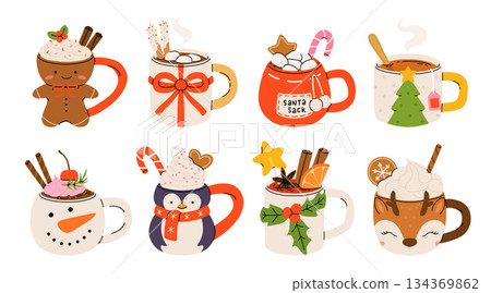 Christmas hot drink set. Flat cartoon different beverages. Holiday cute mugs hot cocoa, coffee, milk, cream and mulled wine. New year drinks decorated holly and candy. Isolated vector illustration Christmas hot drink set. Flat cartoon different beverages. Holiday cute mugs hot cocoa, coffee, milk, cream and mulled wine. New year drinks decorated holly and candy. Isolated vector illustration 134369862
