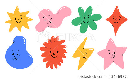Set of colorful abstract shape cartoon character illustration. Trendy 90s style funny art background collection with faces and drawing doodle. 134369873