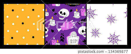 Purple, orange yellow and black seamless prints with Halloween decorative elements - ghost, pumpkin, sculls. Cute vector characters, decor objects - sweets, pumpkin, witch, ghost, bat. Pattern design Purple, orange yellow and black seamless prints with Halloween decorative elements - ghost, pumpkin, sculls. Cute vector characters, decor objects - sweets, pumpkin, witch, ghost, bat. Pattern design 134369877