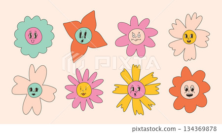 Groovy flower cartoon characters. Funny happy daisy with eyes and smile. Sticker pack in trendy retro trippy style. Isolated vector illustration. Hippie 60s, 70s style. 134369878