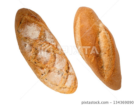 Sourdough baguette bread isolated on white background. Sourdough baguette bread isolated on white background. 134369890
