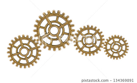 Gear and cogs wheels isolated on a white background, clock mechanism, brass metal engine industrial. Gear and cogs wheels isolated on a white background, clock mechanism, brass metal engine industrial. 134369891