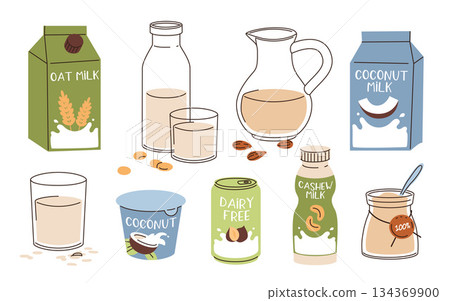 Vegan milk collection, milk alternatives with almond, coconut, oat, set of bottles, packs with plant based beverages, cashew drink icon, vector illustrations of natural non diary food with lettering 134369900