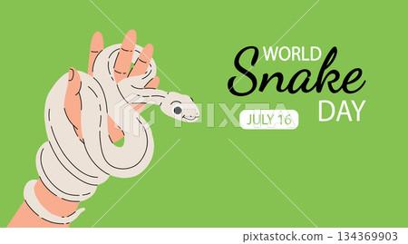 Minimalistic cute banner for World Snake Day at 16th of July with cartoon green snake, typography. Holiday concept for website, poster, background, card to raise awareness about importance of snakes. 134369903