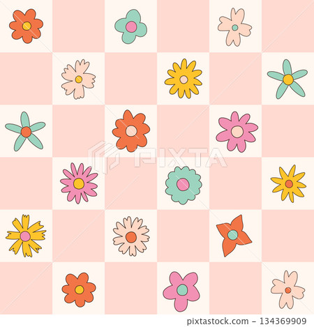 Floral pattern in the style of the 70s with groovy daisy flowers. Retro floral naive vector design. Style of the 60s, 70s, 80s 134369909