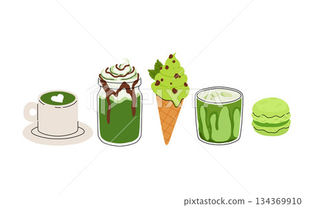 Matcha tea, latte, iced matcha. Vector set with japanese matcha desserts. Collection with mochi, cake and roll cake, pancakes, macaron, soft serve ice cream, matcha tart and cupcake with strawberry. 134369910