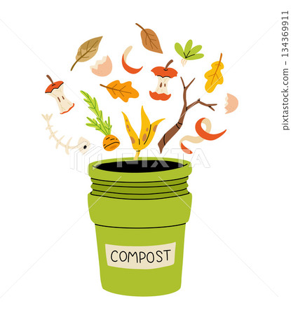 Cartoon flat icon of organic composting theme. Garden tools, bag of compost, ground, food garbage. Illustration of bio, organic fertilizer, compost bin and box, agronomy. Cartoon flat icon of organic composting theme. Garden tools, bag of compost, ground, food garbage. Illustration of bio, organic fertilizer, compost bin and box, agronomy. 134369911