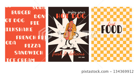 Set of fast food posters. Retro groovy cards with street food characters. Brochure with funky groovy burger, french fries, soda, ice cream, donut, pie, coffee to go, sandwich. Fast food delivery Set of fast food posters. Retro groovy cards with street food characters. Brochure with funky groovy burger, french fries, soda, ice cream, donut, pie, coffee to go, sandwich. Fast food delivery 134369912