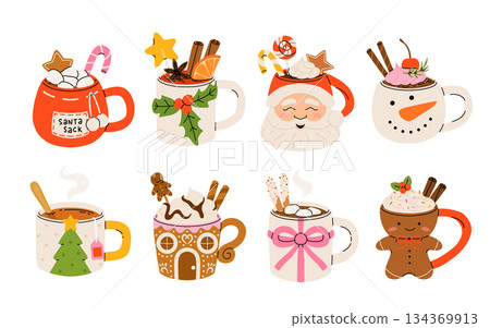 Christmas hot drink set. Flat cartoon different beverages. Holiday cute mugs hot cocoa, coffee, milk, cream and mulled wine. New year drinks decorated holly and candy. Isolated vector illustration 134369913
