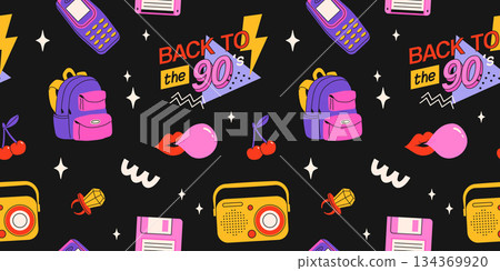 Classic 80s back to 90s elements in modern flat style. Hand drawn sticker set, vector seamless pattern. Fashion patch, badge, emblem with vintage accessories. Classic 80s back to 90s elements in modern flat style. Hand drawn sticker set, vector seamless pattern. Fashion patch, badge, emblem with vintage accessories. 134369920
