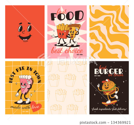 Set of fast food posters. Retro groovy cards with street food characters. Brochure with funky groovy burger, french fries, soda, ice cream, donut, pie, coffee to go, sandwich. Fast food delivery 134369921