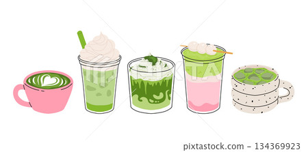 Set of Japan matcha latte. Collection of matcha drinks with latte art heart, leaf, bear, cat. Green iced matcha latte in various cups. Vector Illustration, flat cartoon Icons. Set of Japan matcha latte. Collection of matcha drinks with latte art heart, leaf, bear, cat. Green iced matcha latte in various cups. Vector Illustration, flat cartoon Icons. 134369923