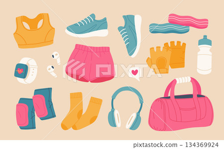 Vector illustration of fitness sportswear. Different sports equipment for gym. Sport clothes, gloves, fitness tracker, headphones, bottle of water, accessory bag. 134369924