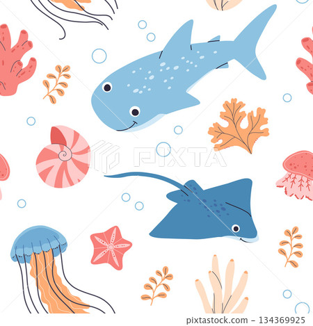 Sea animals, fish, whale, jellyfish, shell, coral and seaweed, crab, starfish. Seamless pattern of hand drawn sea life creatures and elements. Vector doodle cartoon set of marine life objects. 134369925