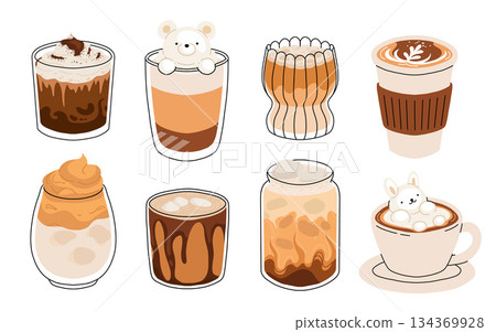 Set of Coffee Cups with Latte Art Patterns Front View. Cute rabbit, Flower and Heart foam shapes. Cafe Bar or Coffee House Graphics. Vector Illustration, Icons Set of Coffee Cups with Latte Art Patterns Front View. Cute rabbit, Flower and Heart foam shapes. Cafe Bar or Coffee House Graphics. Vector Illustration, Icons 134369928