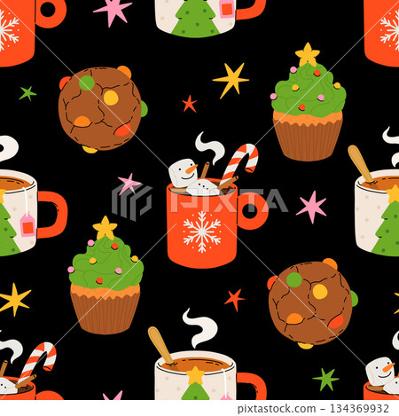 Seamless Christmas pattern with cacao drink, ginger cookie, present and lollipop. Vector illustration for textile, postcard, wrapping paper, poster, background, book, t-shirt. Seamless Christmas pattern with cacao drink, ginger cookie, present and lollipop. Vector illustration for textile, postcard, wrapping paper, poster, background, book, t-shirt. 134369932
