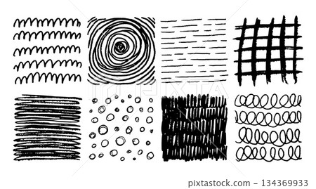 Pencil stroke pattern. Pen doodle scrawl. Hand drawn sketch texture with pencil lines. Cross or parallel hatch. Black and white grunge backgrounds. Vector square hatching shapes set Pencil stroke pattern. Pen doodle scrawl. Hand drawn sketch texture with pencil lines. Cross or parallel hatch. Black and white grunge backgrounds. Vector square hatching shapes set 134369933