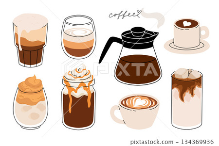Set of Coffee Cups with Latte Art Patterns Front View. Cute rabbit, Flower and Heart foam shapes. Cafe Bar or Coffee House Graphics. Vector Illustration, Icons 134369936