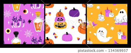 Purple, orange yellow and black seamless prints with Halloween decorative elements - ghost, pumpkin, sculls. Cute vector characters, decor objects - sweets, pumpkin, witch, ghost, bat. Pattern design Purple, orange yellow and black seamless prints with Halloween decorative elements - ghost, pumpkin, sculls. Cute vector characters, decor objects - sweets, pumpkin, witch, ghost, bat. Pattern design 134369937