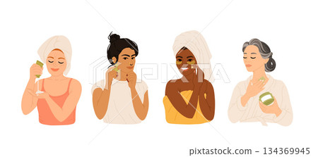 Diverse women applying skincare products to face and neck self-care beauty routine with creams, serum, eye patches and massage tools inclusive facial treatment scene Diverse women applying skincare products to face and neck self-care beauty routine with creams, serum, eye patches and massage tools inclusive facial treatment scene 134369945