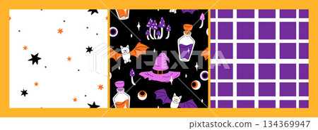 Purple, orange yellow and black seamless prints with Halloween decorative elements - ghost, pumpkin, sculls. Cute vector characters, decor objects - sweets, pumpkin, witch, ghost, bat. Pattern design Purple, orange yellow and black seamless prints with Halloween decorative elements - ghost, pumpkin, sculls. Cute vector characters, decor objects - sweets, pumpkin, witch, ghost, bat. Pattern design 134369947