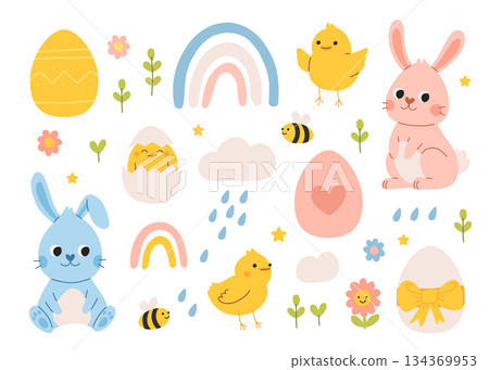 Cute pink and blue Easter bunny rabbits with baby chicks and Easter eggs vector illustration. Cartoon Easter illustration with floral elements, rainbow, rain drops, flower and bees. 134369953