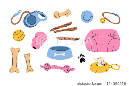 Dogs toys cartoon set. Pets supplies, playing accessories for puppy. Canine knotted rope, ball, collar, chewing items, squeaky ball, bowl. Flat vector illustrations isolated on white background Dogs toys cartoon set. Pets supplies, playing accessories for puppy. Canine knotted rope, ball, collar, chewing items, squeaky ball, bowl. Flat vector illustrations isolated on white background 134369956