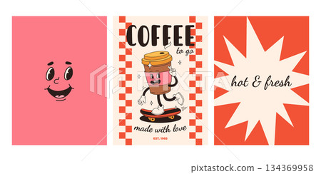 Set of fast food posters. Retro groovy cards with street food characters. Brochure with funky groovy burger, french fries, soda, ice cream, donut, pie, coffee to go, sandwich. Fast food delivery Set of fast food posters. Retro groovy cards with street food characters. Brochure with funky groovy burger, french fries, soda, ice cream, donut, pie, coffee to go, sandwich. Fast food delivery 134369958