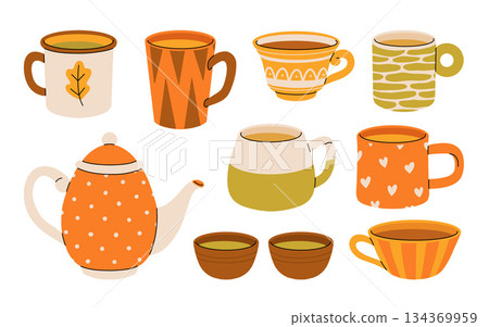 Set of various tea cups and teapot. Cute autumn dishes different shapes and ornaments. Hand drawn color vector illustration isolated on white background. Modern flat cartoon style. 134369959