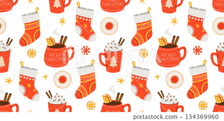 Christmas and Happy New Year seamless pattern. Mugs of cacao with whipped cream, marshmallow and candy cane. Greeting card for Xmas, New year or winter holidays. Vector design template. 134369960