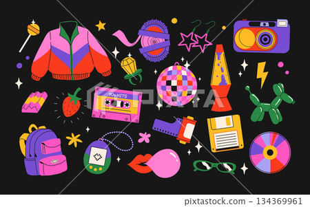 Classic 80s back to 90s elements in modern flat style. Hand drawn sticker set, vector illustration. Fashion patch, badge, emblem with vintage accessories. Classic 80s back to 90s elements in modern flat style. Hand drawn sticker set, vector illustration. Fashion patch, badge, emblem with vintage accessories. 134369961