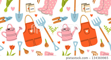 Various garden items. Gardening Tools. Gloves with seedling, flower pot, tulip, shears, scissors, shovel, rubber boots, watering can, seeds. Hand drawn Vector seamless Pattern. Horticulture concept 134369965
