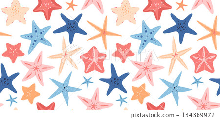 Starfish vector seamless pattern in cartoon flat style. Sea animal underwater. Echinoderm. Marine icon Isolated on white background. Summer vector background 134369972