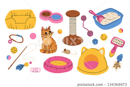 Cat accessories and toys flat vector set. Cartoon pet store assortment collection. Doodle cat supplies collection. 134369973