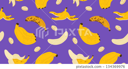 Banana seamless pattern. Trendy summer background. Vector illustration in hand drawn flat style. Vector print for fabric or wallpaper. 134369976