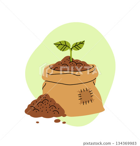 Cartoon flat icon of organic composting theme. Garden tools, bag of compost, ground, food garbage. Illustration of bio, organic fertilizer, compost bin and box, agronomy. 134369983