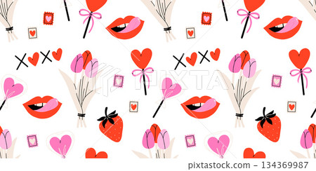 Valentine's Day seamless pattern with heart and other elements on a white background. Valentine's day, wedding and love concept. Vector background for wrapping paper, textile and others 134369987