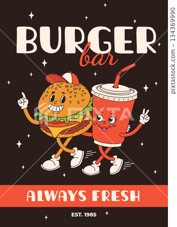 Cartoon fast food poster. Retro groovy cards with mascot food characters. Brochure design with quote text for cafe. Banner with funky groovy burger, french fries, soda, ice cream. Fast food delivery 134369990
