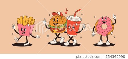 Set of fast food retro groovy cartoon character. Vintage mascot of burger, pizza, hot dog, ice cream, french fries, coffee to go, donut and soda with happy smile. Funky street food illustration 134369998
