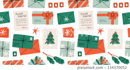 Christmas seamless pattern. Santa mail. X-mas opened and closed envelopes, decorated with branches and seals, postage stamps. Holiday vector background for wrapping paper, textile 134370052