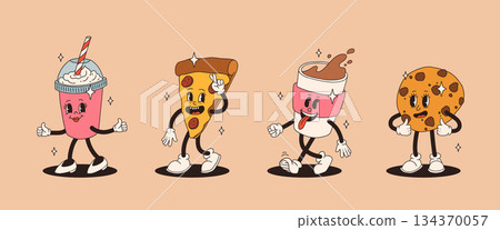 Set of fast food retro groovy cartoon character. Vintage mascot of burger, pizza, hot dog, ice cream, french fries, coffee to go, donut and soda with happy smile. Funky street food illustration 134370057