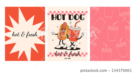 Set of fast food posters. Retro groovy cards with street food characters. Brochure with funky groovy burger, french fries, soda, ice cream, donut, pie, coffee to go, sandwich. Fast food delivery Set of fast food posters. Retro groovy cards with street food characters. Brochure with funky groovy burger, french fries, soda, ice cream, donut, pie, coffee to go, sandwich. Fast food delivery 134370061