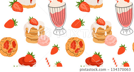 Strawberry flat vector seamless pattern. Summer drinks, sweets and desserts with taste of strawberries. Chocolate strawberry, cookie, sandwich, mochi, cheesecake, tanghulu. 134370063