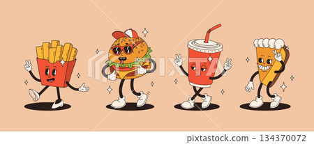 Set of fast food retro groovy cartoon character. Vintage mascot of burger, pizza, hot dog, ice cream, french fries, coffee to go, donut and soda with happy smile. Funky street food illustration 134370072