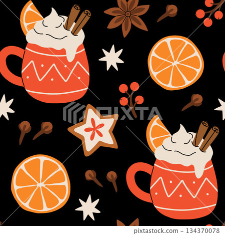 Vector seamless pattern with winter hot drinks. Image of tea with citrus and spices. Illustration for wallpaper and packaging for New Year and Christmas. Spices and fruits for a warming drink. Vector seamless pattern with winter hot drinks. Image of tea with citrus and spices. Illustration for wallpaper and packaging for New Year and Christmas. Spices and fruits for a warming drink. 134370078