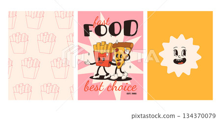 Set of fast food posters. Retro groovy cards with street food characters. Brochure with funky groovy burger, french fries, soda, ice cream, donut, pie, coffee to go, sandwich. Fast food delivery 134370079