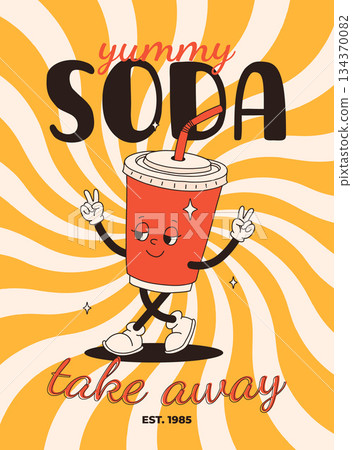 Cartoon fast food poster. Retro groovy cards with mascot food characters. Brochure design with quote text for cafe. Banner with funky groovy burger, french fries, soda, ice cream. Fast food delivery 134370082