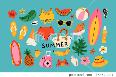 Set of summer stickers. Icons for tropical vacation. Flat vector seasonal collection with ice cream, pineapple, tropic leaves, plumeria, watermelon, surfboard, beach accessories, swimsuit 134370084